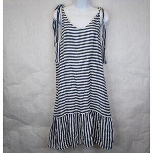 Francesca Bettini Linen Shift Sun Dress Women's L Blue White Stripe Tie Shoulder